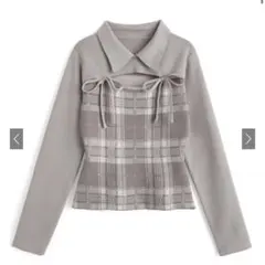 【匿名配送】 GRL チェック柄フロントオープンリボンニットトップス グレー