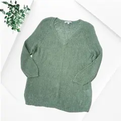 訳あり UNIQLO ユニクロ プレミアムリネンメッシュVネックセーター 緑 Lのサムネイル