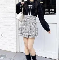 Backレースアップタックフレアツイードスカート