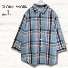 グローバルワーク チェックシャツ カジュアルシャツ 麻混 七分袖 L