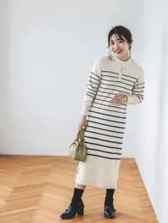 COHINA スキッパーボーダーニットワンピース