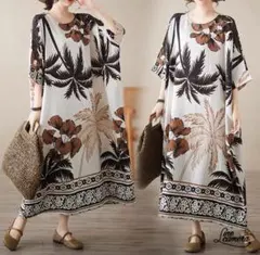 F 新品　26年度　春夏　薄手　花柄・葉柄プリント　マキシ丈　ゆったり　南国風
