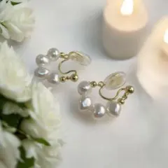 パール イヤリング 4粒 フープ バロックパール イヤーカフ 痛くない結婚式