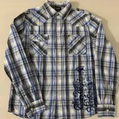 メンズシャツ　M 青白チェック柄　長袖シャツ