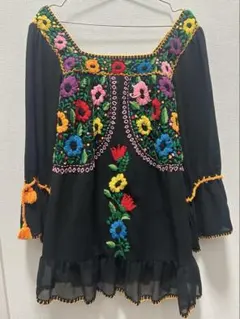 【華やか】花柄 総刺繍 チュニック ワンピース ブラウス 黒 エスニック