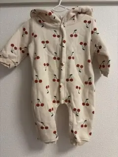チェリー柄フード付きロンパース 裏起毛