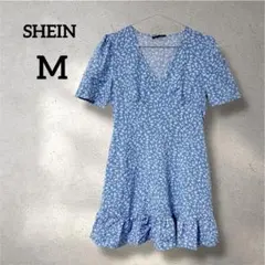 SHEIN【M】小花柄 Vネックワンピース ブルー 水色 ミニ丈 フレア フリル