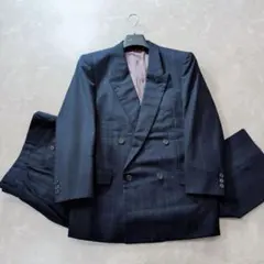 ヴィンテージ　薄手　春夏　ダブルスーツ　ピークドラペル　ネイビー　ストライプ　M