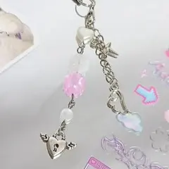 ビーズキーホルダー ハート 天使の羽 クローバー　ピンク