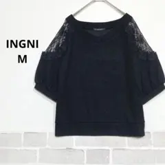 INGNI ニットソー 黒 M 肩レース シアー 花柄 半袖 トップス K801