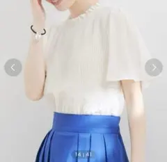 VIS フレアーシフォンプリーツ半袖ブラウス　ホワイト