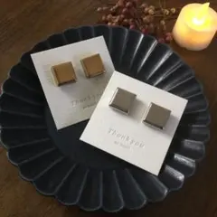 ハンドメイド　美濃焼タイル　スクエアピアス　ゴールド　大