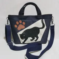 ハンドメイドデニムバッグ　猫柄トートバッグ　岡山デニム　インディゴブルー