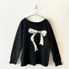 ☆【アロー】ニット セーター リボン柄 毛混 ラグランスリーブ 日本製 M