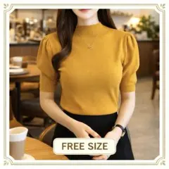 新品 リブニット レディース サマーニット 半袖 緑 パフスリーブ イエロー