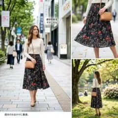 【美品】組曲 KUMIKYOKU ボタニカル 花柄 フレアスカート サイズ2 紺のサムネイル