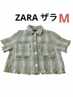 ZARA ザラ ツイード シャツジャケット 半袖 フリンジ グリーン Mサイズ