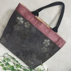 正絹帯リメイク☆横型大きめバッグ☆桜☆パープルピンク×グレー☆ハンドメイド