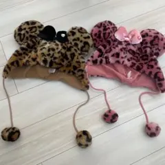ミッキー型耳付きファー帽子2点セット　　ヒョウ柄