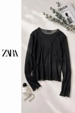 ZARA シアートップス メッシュ メロウフリル ブラック パイピング ザラのサムネイル