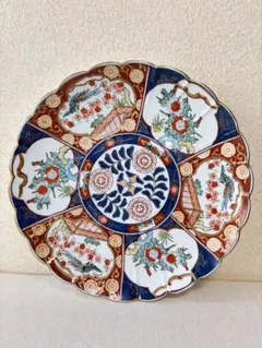 有田焼 秀峰窯 金彩染錦花鳥文 輪花大皿 飾り皿 直径34cm 百貨店シール有