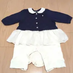 ミキハウス　フリル付きロンパース ネイビーアイボリー　70