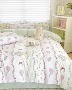 新品☆水色薔薇ブーケ白小花リボン綿100%シングル掛け布団カバー1枕
