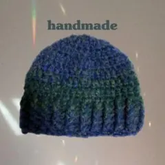 手編みニット帽ブルーグリーングラデーション ハンドメイドビーニー冬編み物