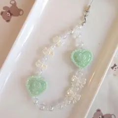 【No.77】ビーズストラップ 上品薔薇ハート 緑