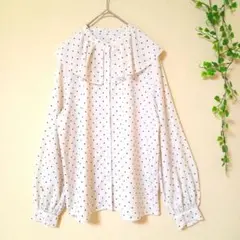 642 GU ジーユー ブラウス オフホワイト 黒 ドット柄 長袖 フリル柄 M