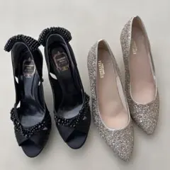 ブラックビジューオープントゥとゴールドパンプスセット　24.5cm