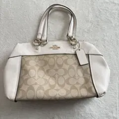 【COACH】シグネチャー ハンドバッグ ベージュ×ホワイト レザー×キャンバス