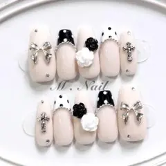 ネイルチップ フレンチガーリー リボン バラ ドットネイル 量産型 韓国