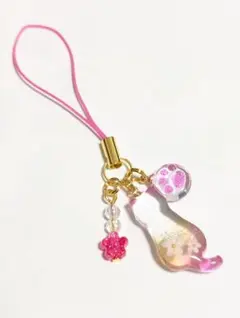 802　お花を付けた猫　桃✕黄　ストラップ