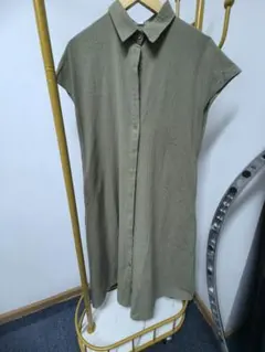 オリーブグリーン 半袖シャツワンピース コットンボイルギャザーマキシワンピース