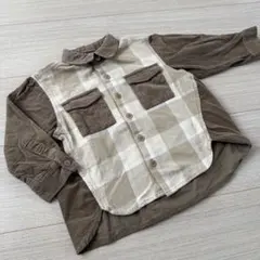 プティマイン/90/チェック×コーデュロイ切替シャツ