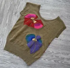 訳あり☆ KANSAI 山本寛斎 希少 刺繍 サマーニット ベスト 顔タグ 花柄