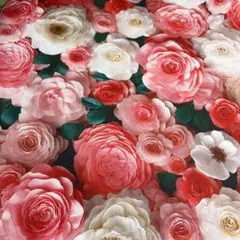 1㍍長　華やか多彩な椿柄の綿シーチングプリント生地ハギレ布