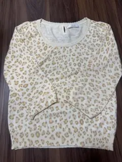 アイボリー ヒョウ柄 五分袖 ニットセーター サイズ2