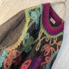 ヴィンテージ ニット 花柄 モヘア レース編み レトロ カラフル チャコール