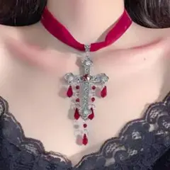 ゴシック ロリータ 十字架 チョーカー ネックレス レッド レディース ゴスロリ