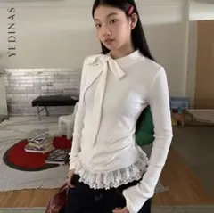 【韓国】リボン付きフリルロングTシャツ ホワイトのサムネイル