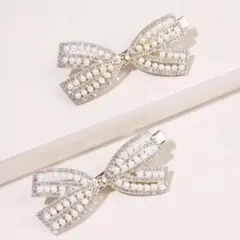 2個セット　パール　ラインストーン　リボン　ヘアクリップ　ピン