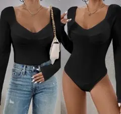 新品未使用♡海外インポート♡黒ビスチェリブニットボディスーツ長袖