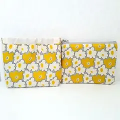 北欧　花柄　バネポーチ　ファスナーポーチ　2点　ハンドメイド　ポーチ　黄色
