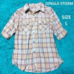 JUNGLE STORM チェック柄 半袖ウエスタンシャツ ベージュのサムネイル