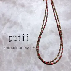 ビーズネックレス 2連 2本セット 赤 緑 ゴールド