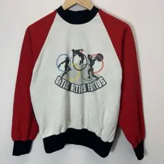 オリンピック風プリント ラグランスウェット 赤白 古着　メンズ　S