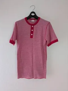 Healthknit ヘンリーネック Tシャツ 赤白ボーダー