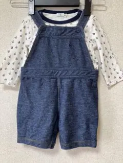 ネイビーオーバーオールとボート柄シャツセット